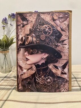 Steampunk Lady Portrait Metal Sign Art - Copper & Brown